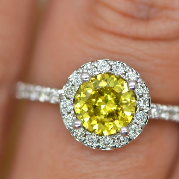 Halo Diamond Engagement Ring Fancy Yellow Round Shape 1.41 TCW 14K White Gold - Picture 8 of 11